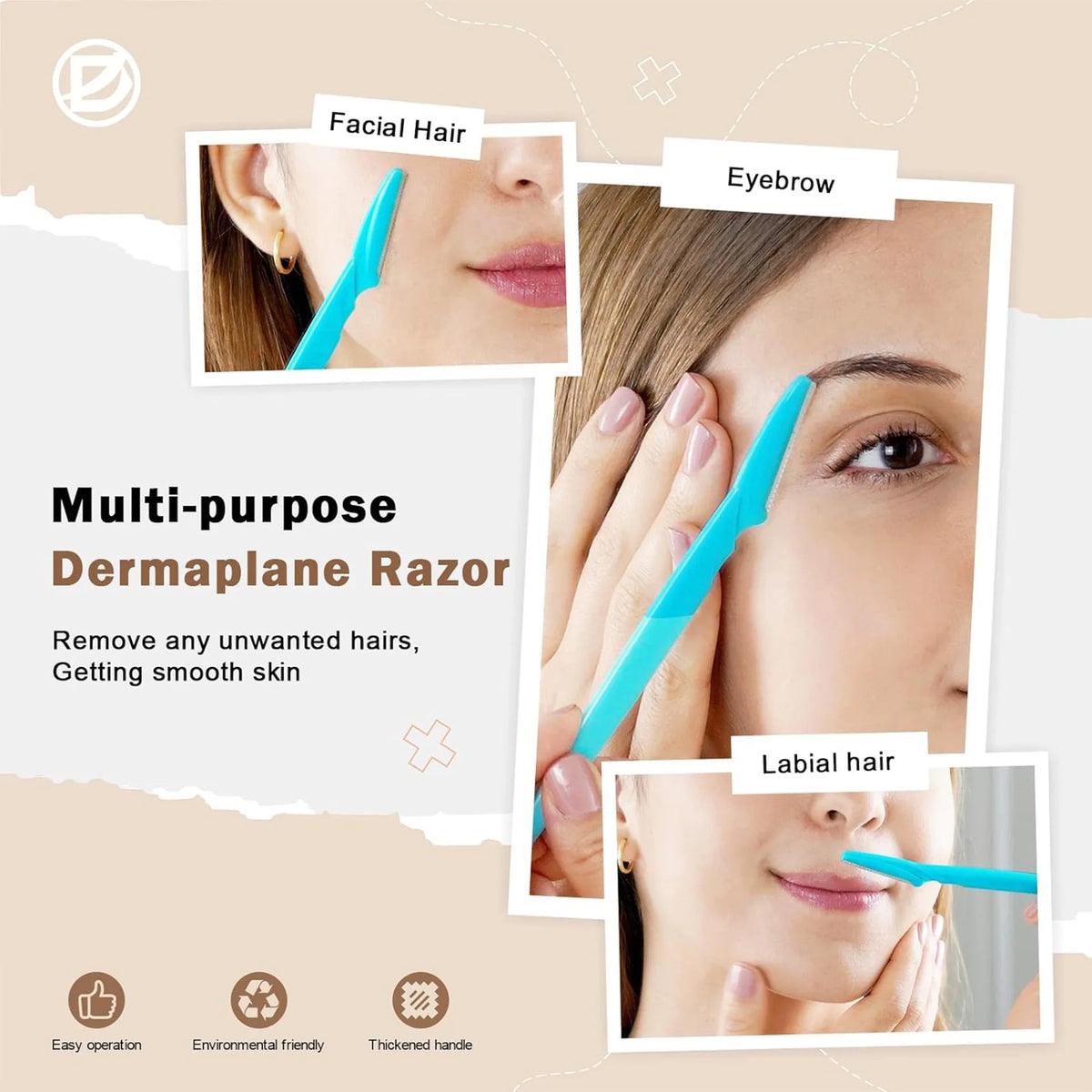 A multi-purpose dermaplane razor kit showing various facial hair removal applications like eyebrow and labial hair.