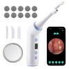 A white electric tonsil stone remover device shown with various components and a smartphone screen displaying an endoscopic v