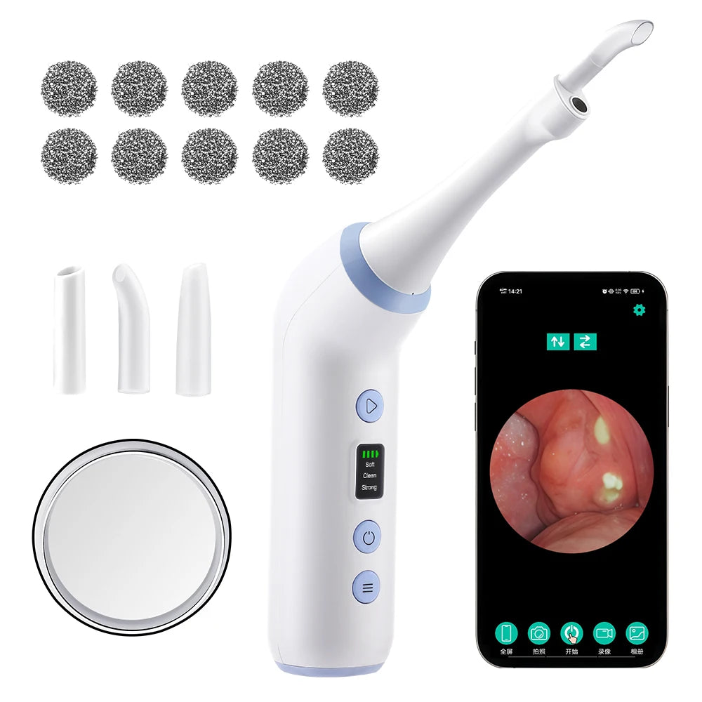 A white electric tonsil stone remover device shown with various components and a smartphone screen displaying an endoscopic v
