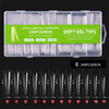Boîte en plastique transparent contenant 240 tips de ongles en gel souple et allongés de différentes tailles et quantités.