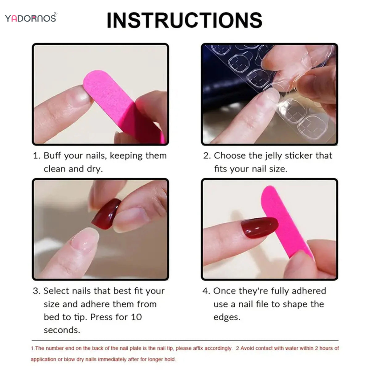 Instructions for applying Y2K Sweet Stars press-on nails, showing steps for buffing, choosing stickers, and adhering the nail
