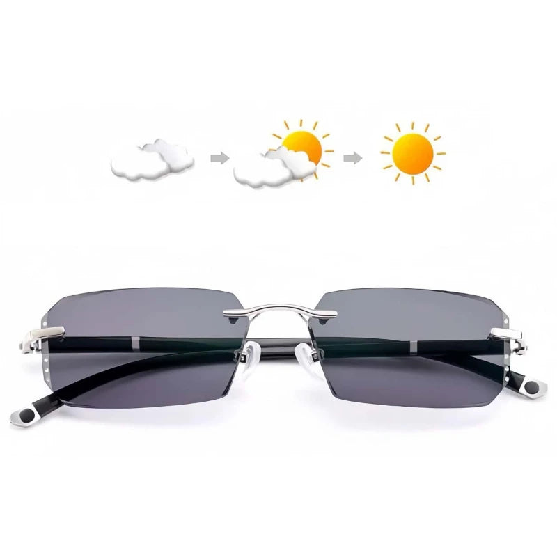 A pair of dark sunglasses with a tortoiseshell frame shown next to illustrations of sun and clouds.