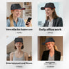 A woman wearing a black LED light therapy cap is shown in three different contexts: home use, daily office work, and for fitn