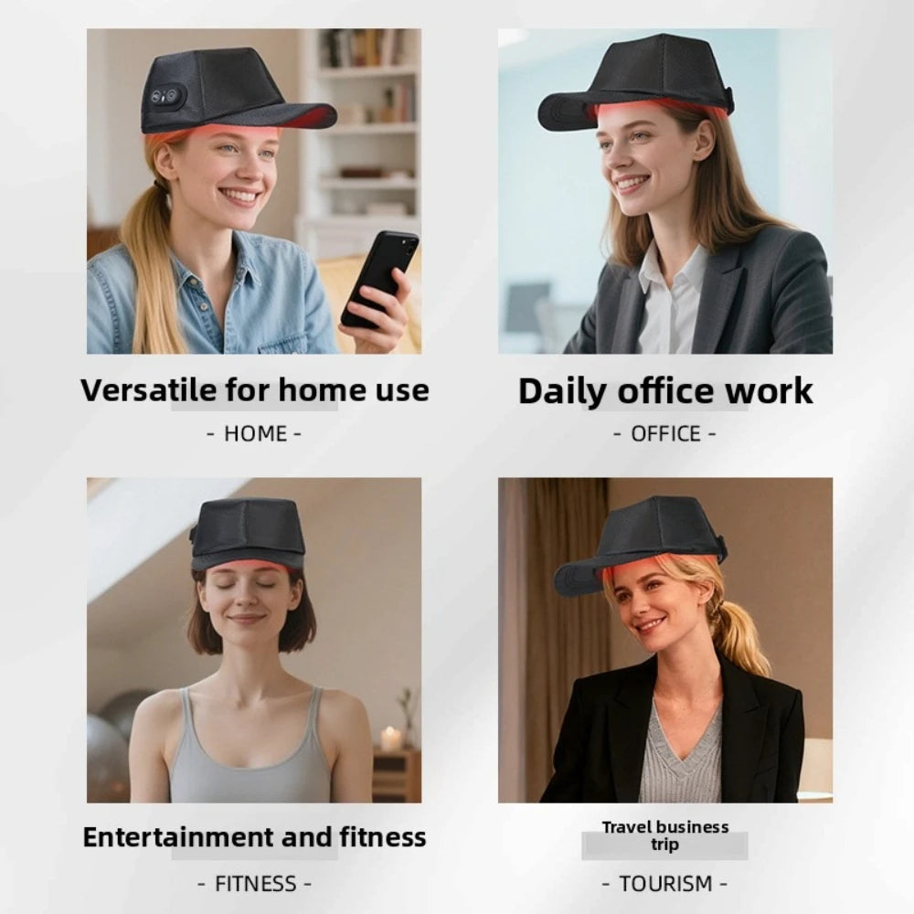 A woman wearing a black LED light therapy cap is shown in three different contexts: home use, daily office work, and for fitn