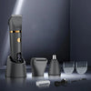 A gray all-in-one body grooming kit featuring a hair removal device, attachments, and power cord.