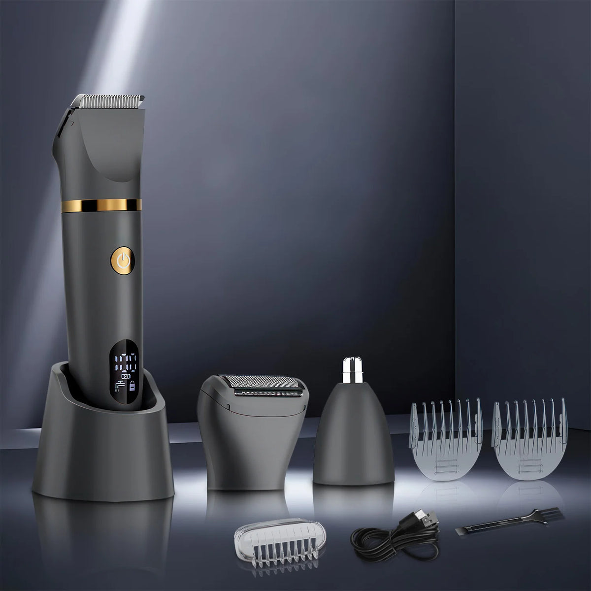 A gray all-in-one body grooming kit featuring a hair removal device, attachments, and power cord.