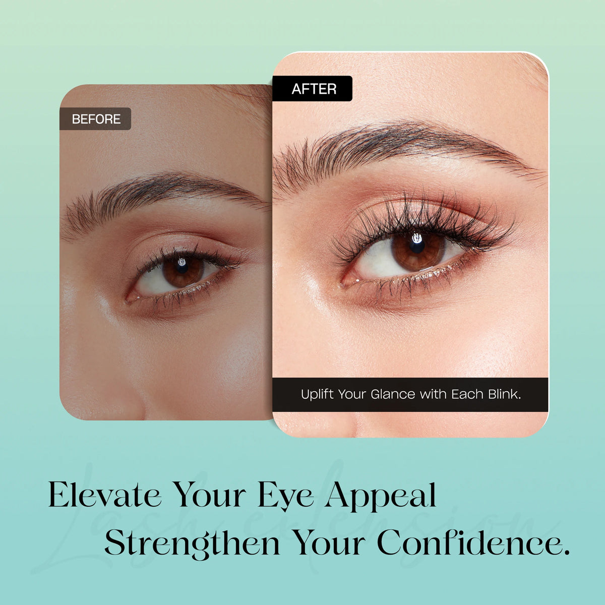 Before and after comparison showing enhanced eyelashes with 3D wispy lash clusters.