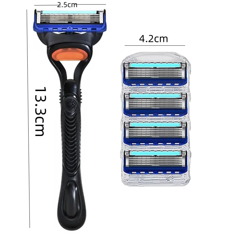A black reusable stainless steel shaver with multiple shaving heads and a clear protective case.