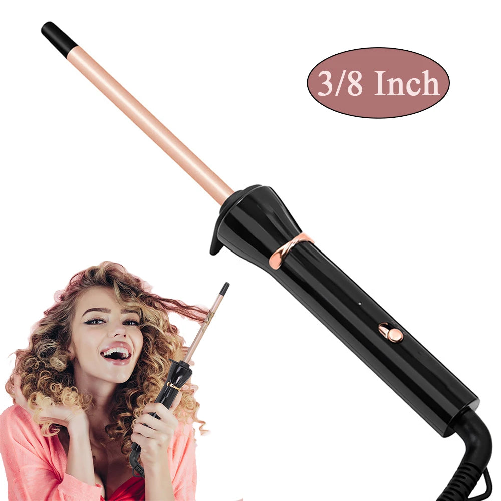 A woman is using a black ceramic curling wand with a 3/8 inch barrel to style her curly hair.