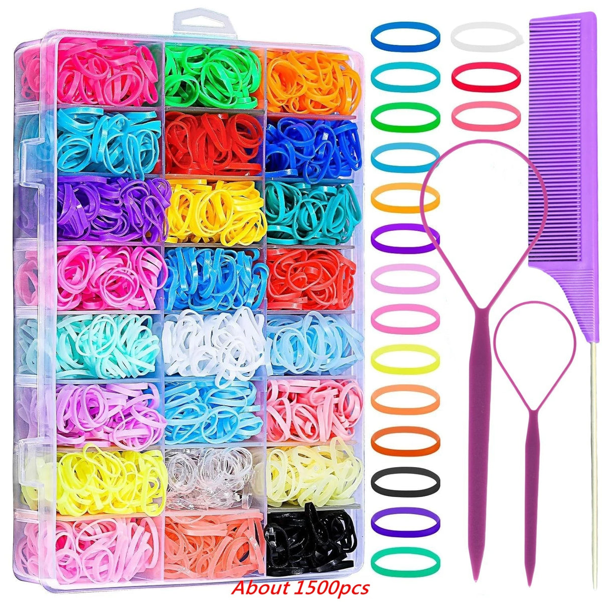 A clear plastic container filled with 1500 hair ties in various bright colors for styling and braiding