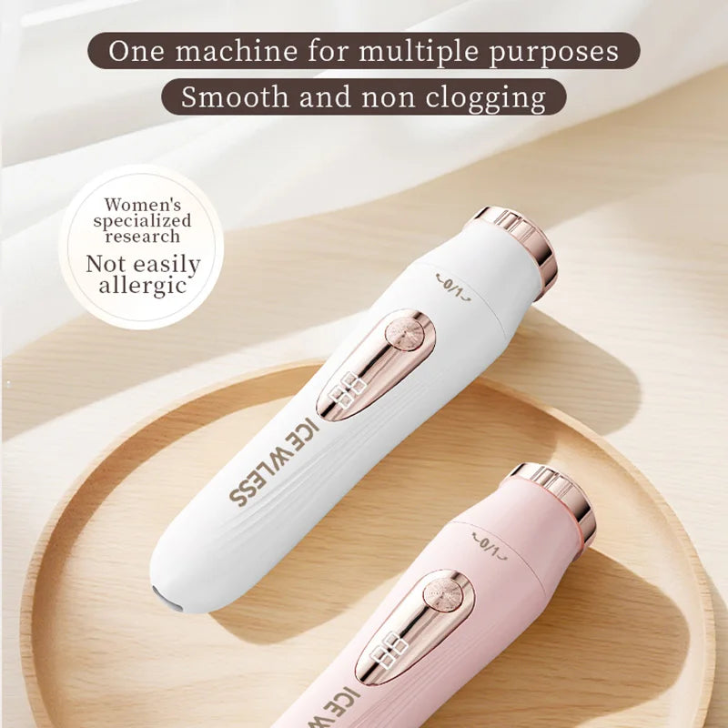 A white and pink electric hair trimmer is shown lying on a wooden surface with text promoting its multi-purpose use.