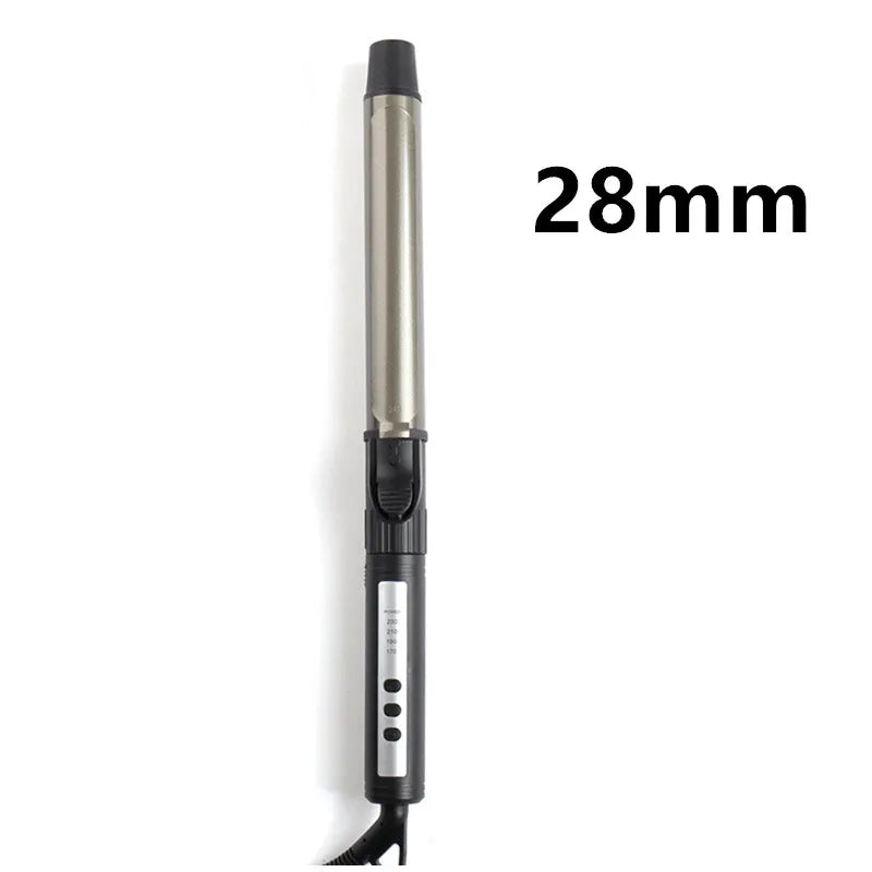 A tall, cylindrical ceramic hair curling iron with a silver finish and black accents.