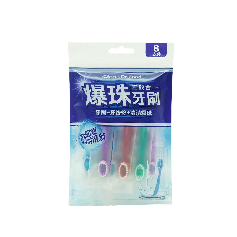A pack of 8 Dr.Good multi-function dental floss toothbrushes.