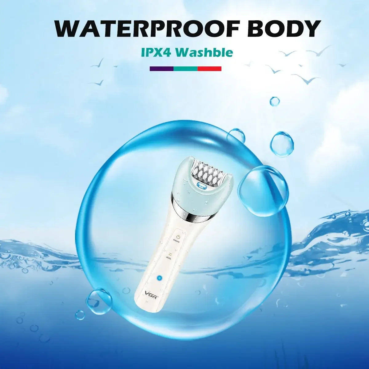 A white electric grooming kit is shown submerged in water droplets, demonstrating its waterproof body capability.
