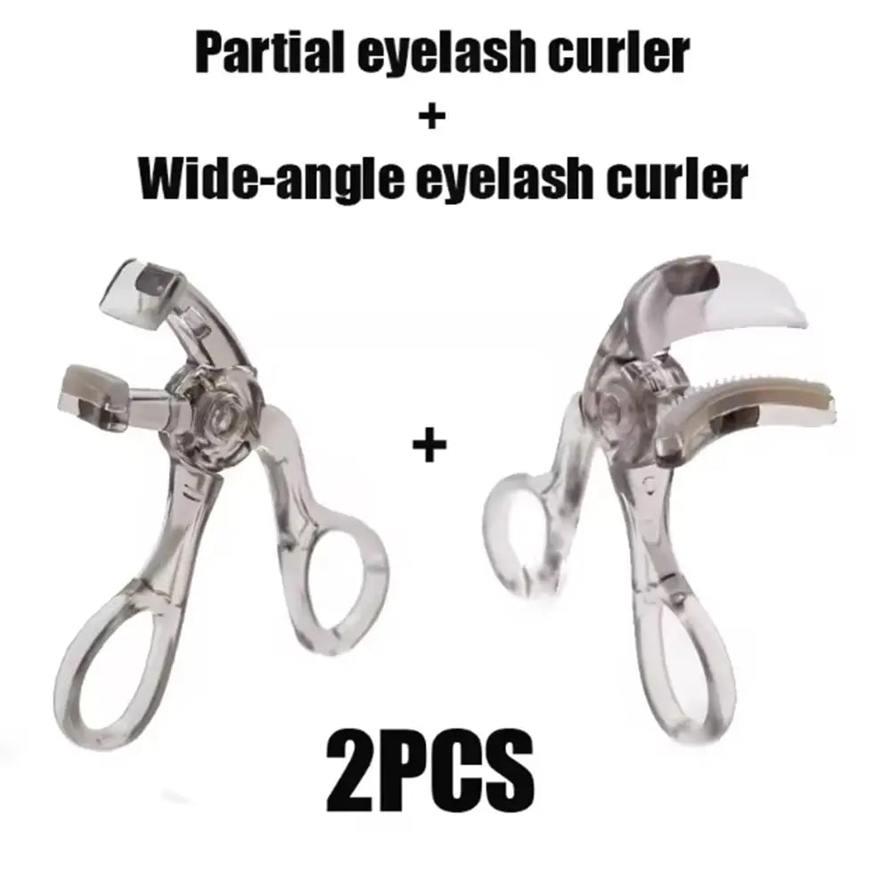 A set of two eyelash curlers, including a partial and a wide-angle model.