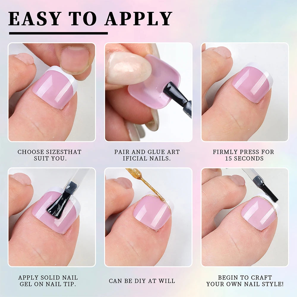 Pink press-on nails applied to a finger, showing various application steps and styles.