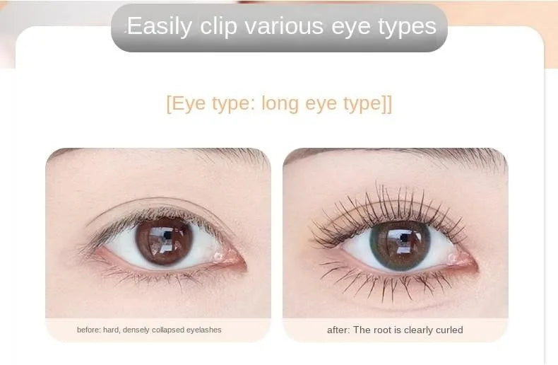 Before and after comparison showing how the eyelash curler easily curls long eye types