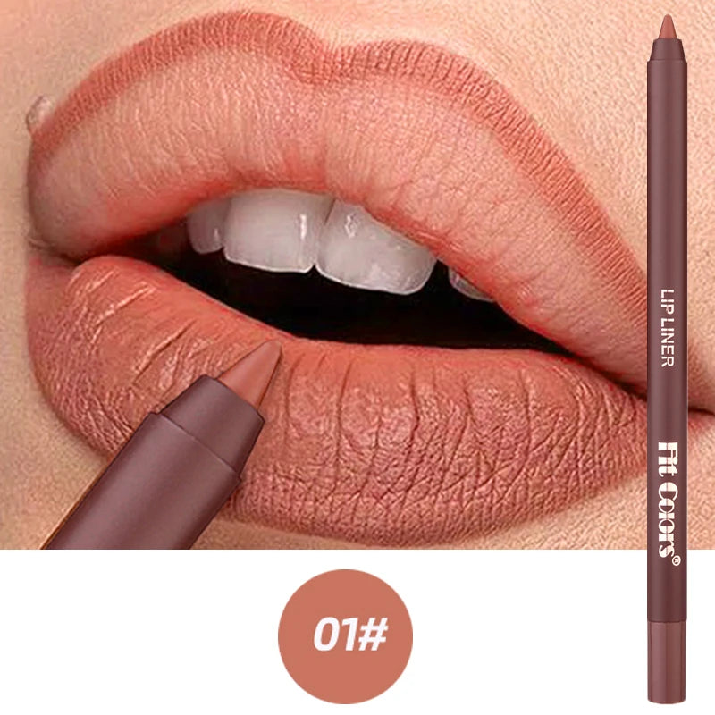 A brown lip liner pencil is shown next to a pair of pink-toned lips.