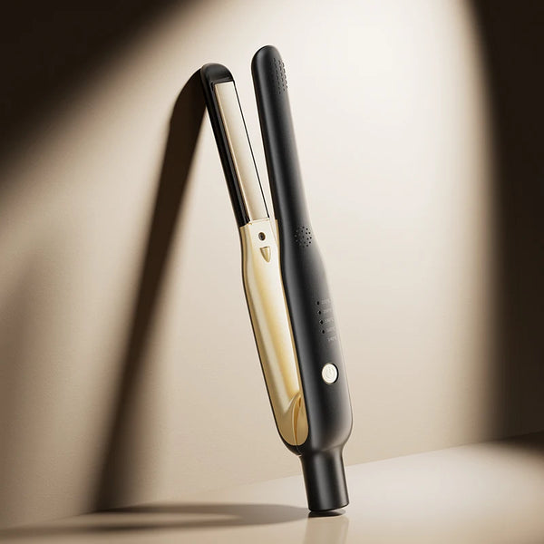 Plancha y rizador de cabello de cerámica negro y dorado 2 en 1, mostrado contra un fondo claro.