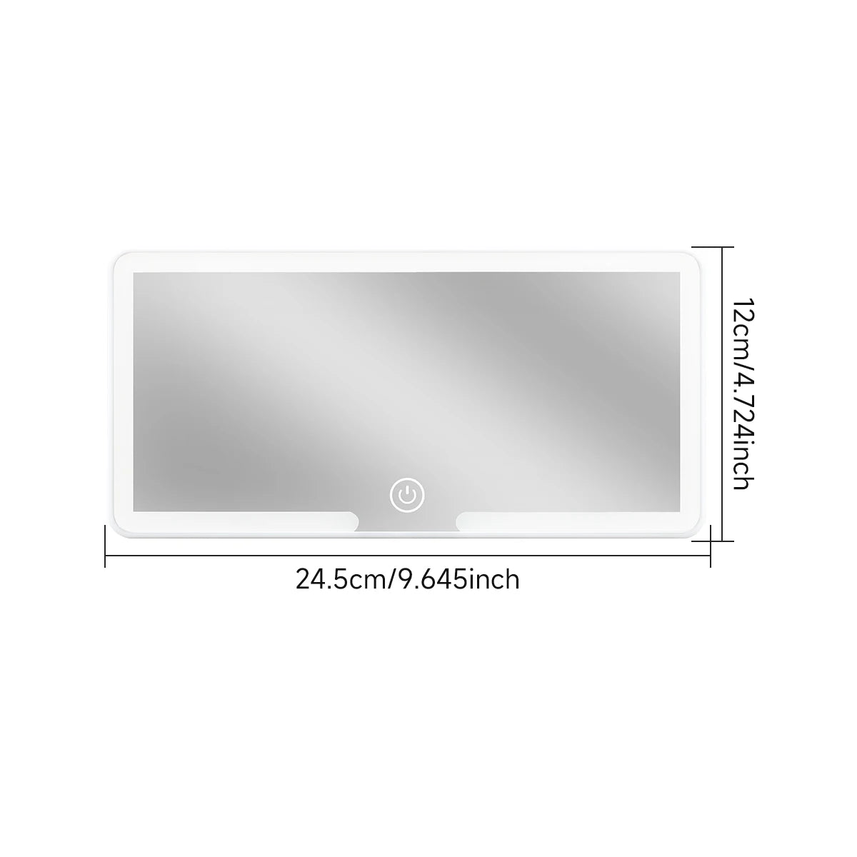 Miroir de vanité rectangulaire argenté aux bords arrondis avec indicateur de bouton d'alimentation, dimensions 24,5 cm x 12 c