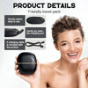 A woman is holding a black mini cordless hair straightener and styler with a charging cable.