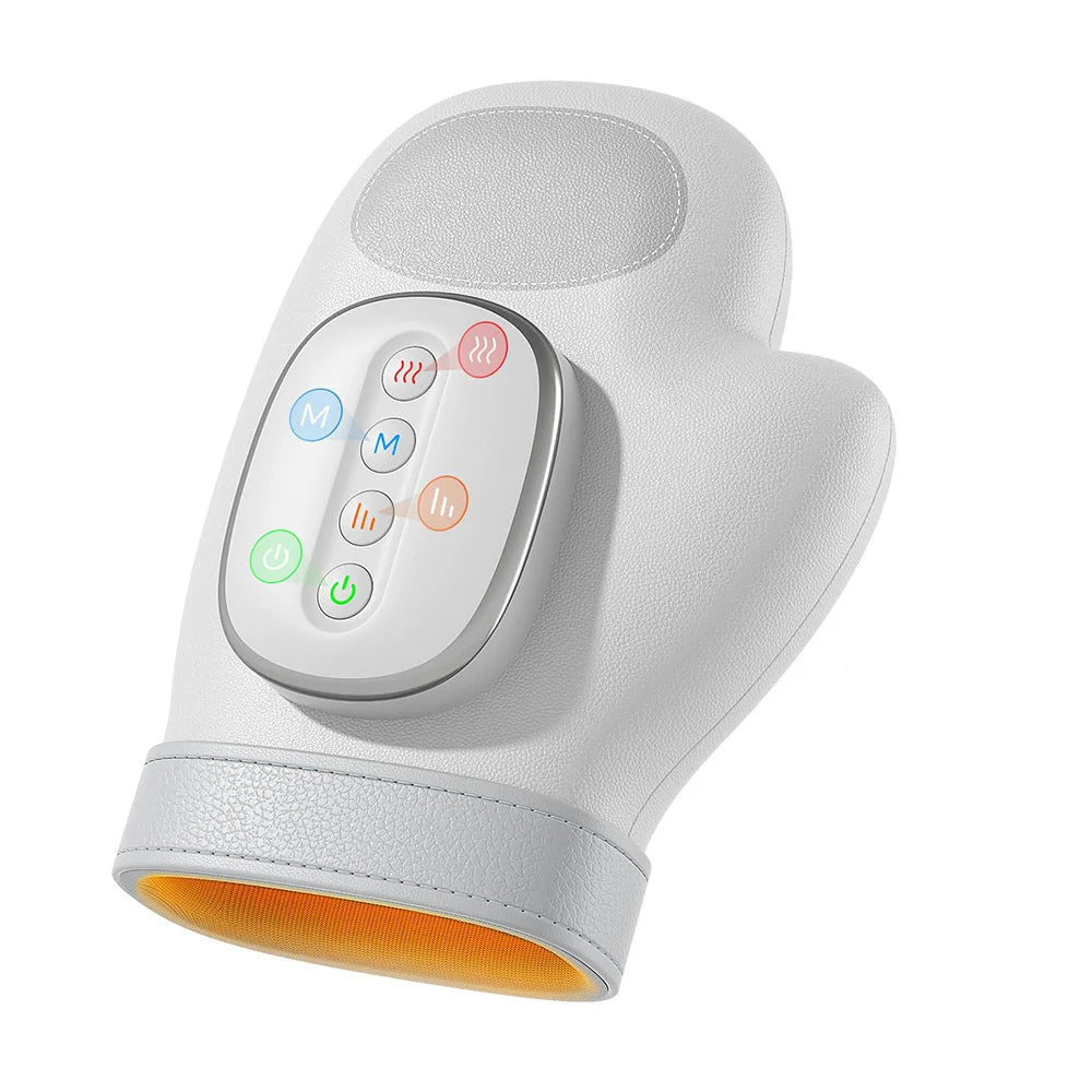 A white electric hand massager with various buttons and an orange light visible on the bottom.