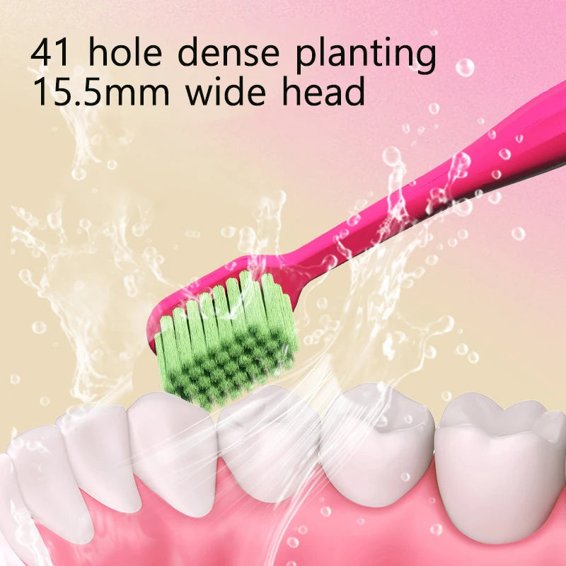 A pink toothbrush with a 15.5mm wide head is shown brushing teeth on a pink gum line.