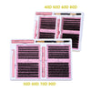 A set of lash clusters for various lengths and volumes, packaged in pink and white trays.