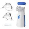 A white and blue handheld medical nebulizer device with clear plastic components and a mouthpiece.