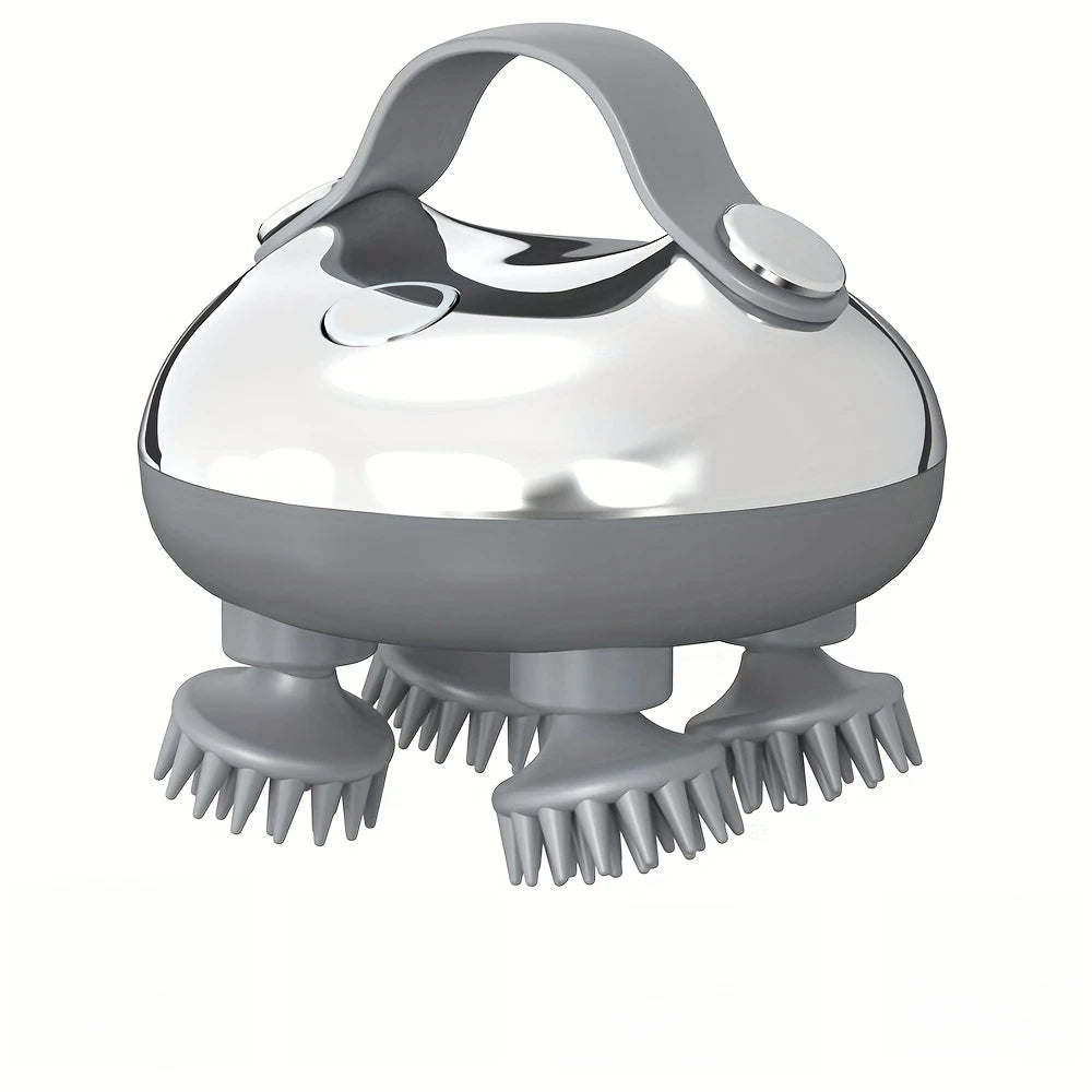 A silver portable electric scalp massager with multiple silicone massage tips.