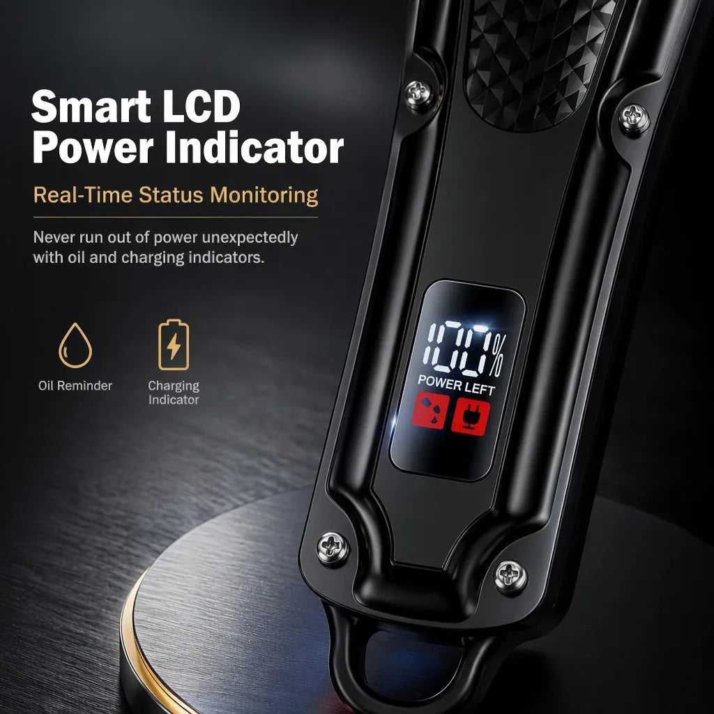 Close-up of a black cordless hair grooming kit with a smart LCD power indicator showing 100% power left.