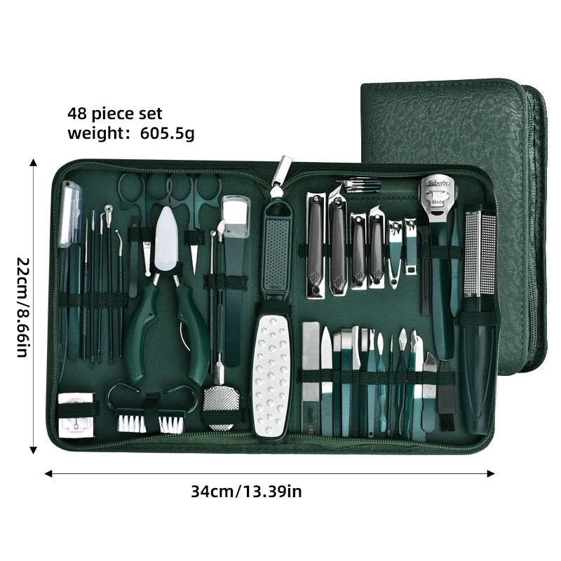 A 48 piece set of professional stainless steel nail care tools for manicure and pedicure, presented in a dark green case.