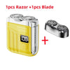 Portable silver beard shaver with a yellow body and an extra blade included.