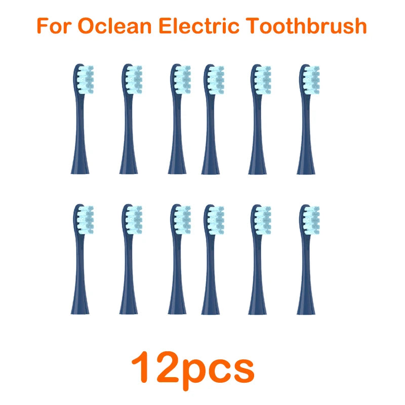 A set of 12 replacement brush heads for an Ocean electric toothbrush, shown in various colors.