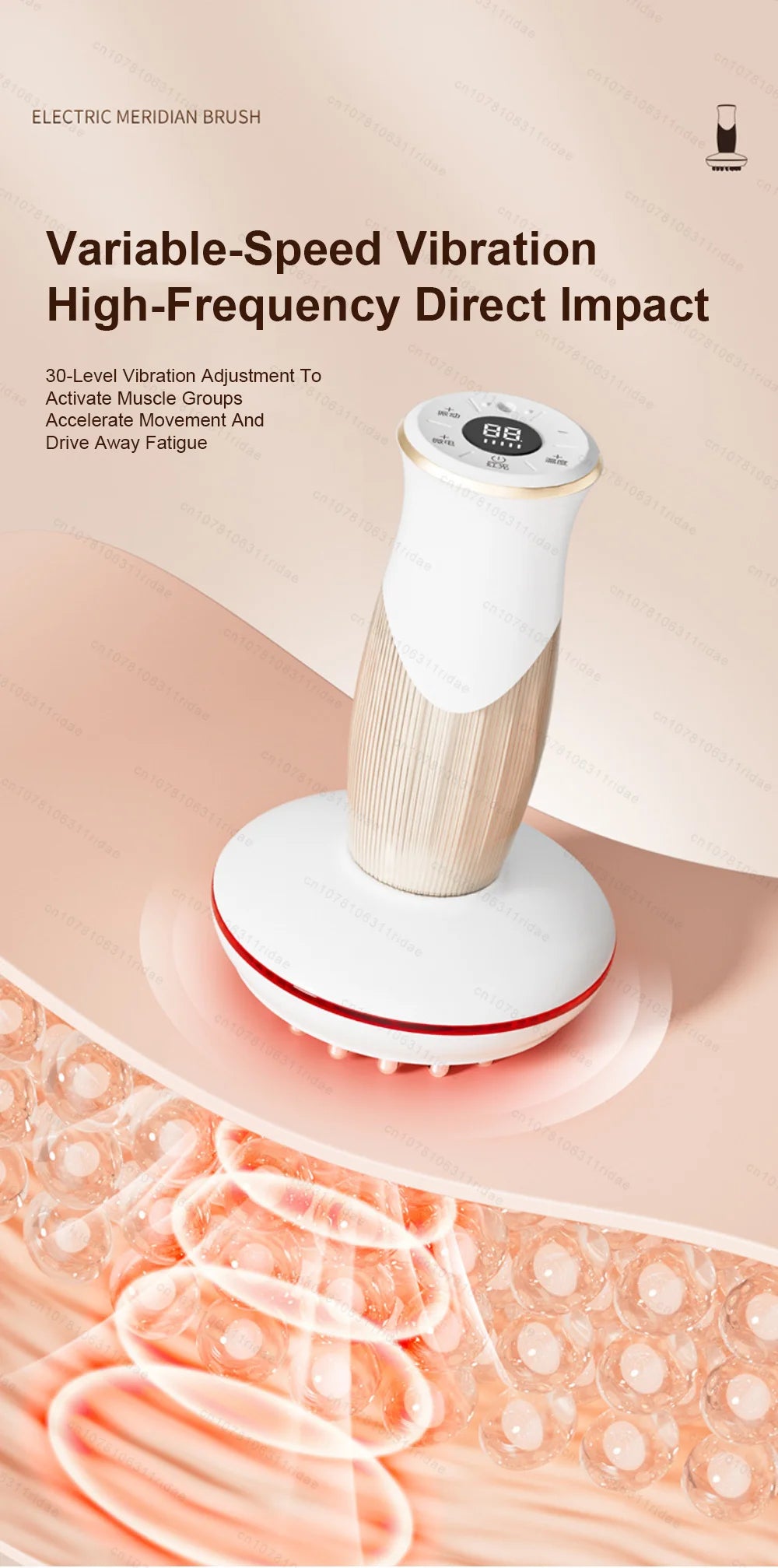 A white electric meridian brush device is shown with a textured head, resting on a pink background with translucent spheres.