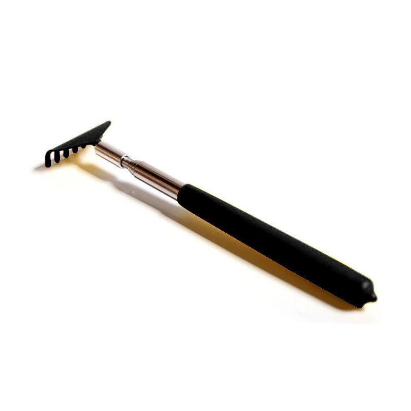 A black and silver stainless steel telescopic back scratcher with a retractable handle.