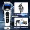 A white Rosyous Pro brushless electric hair clipper with a magnetic attachment shown next to its specifications.