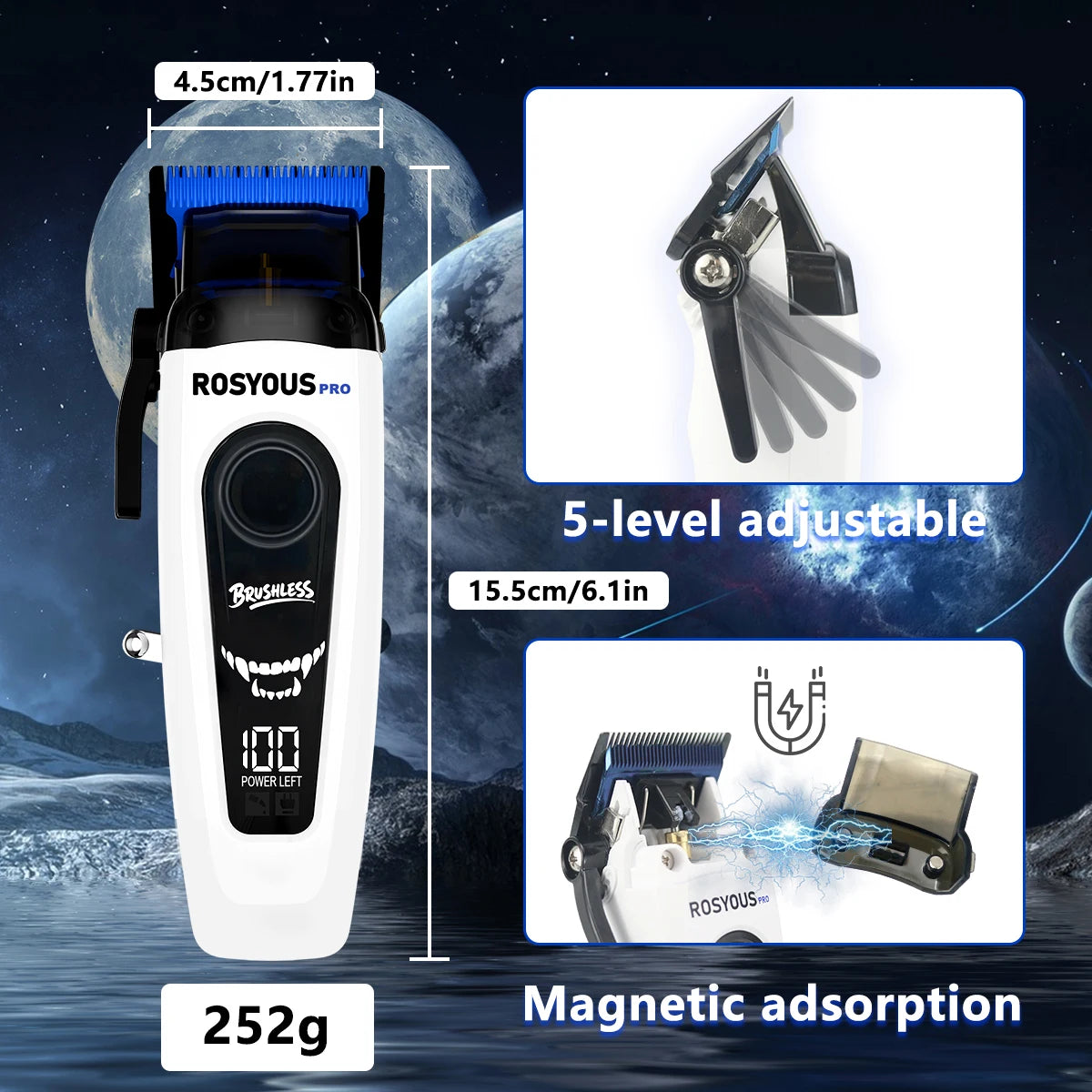 A white Rosyous Pro brushless electric hair clipper with a magnetic attachment shown next to its specifications.