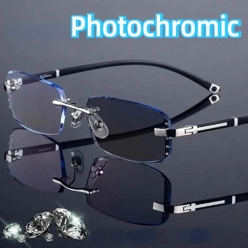 A pair of blue photochromic reading glasses shown with a close-up of sparkling crystals.