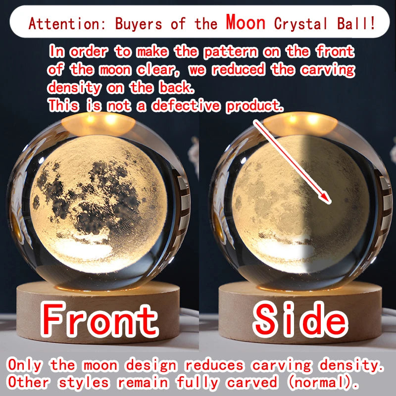 A 3D crystal ball night light showing the front and side views of a moon design.