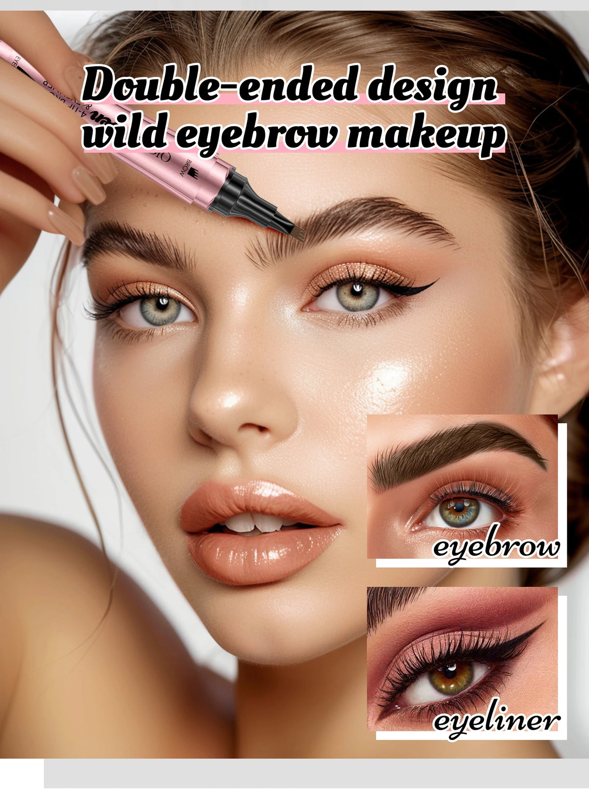 Close-up of a woman applying double-ended eyebrow makeup using a multi-color waterproof eyebrow pen.