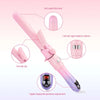 A pink automatic rotating hair curler showing various features like anti scald front end and rotation buttons.
