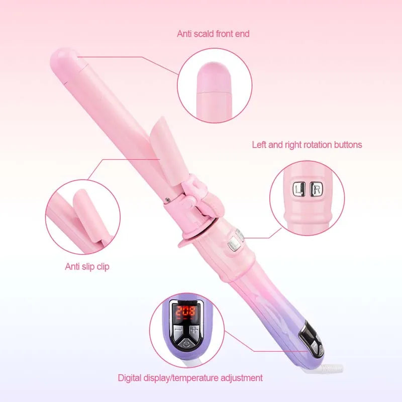 A pink automatic rotating hair curler with anti-scald front end and rotation buttons shown in various views.