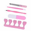 A professional nail care kit featuring a silver blade, pink plastic tools, and a pink electric drill with a white tip.