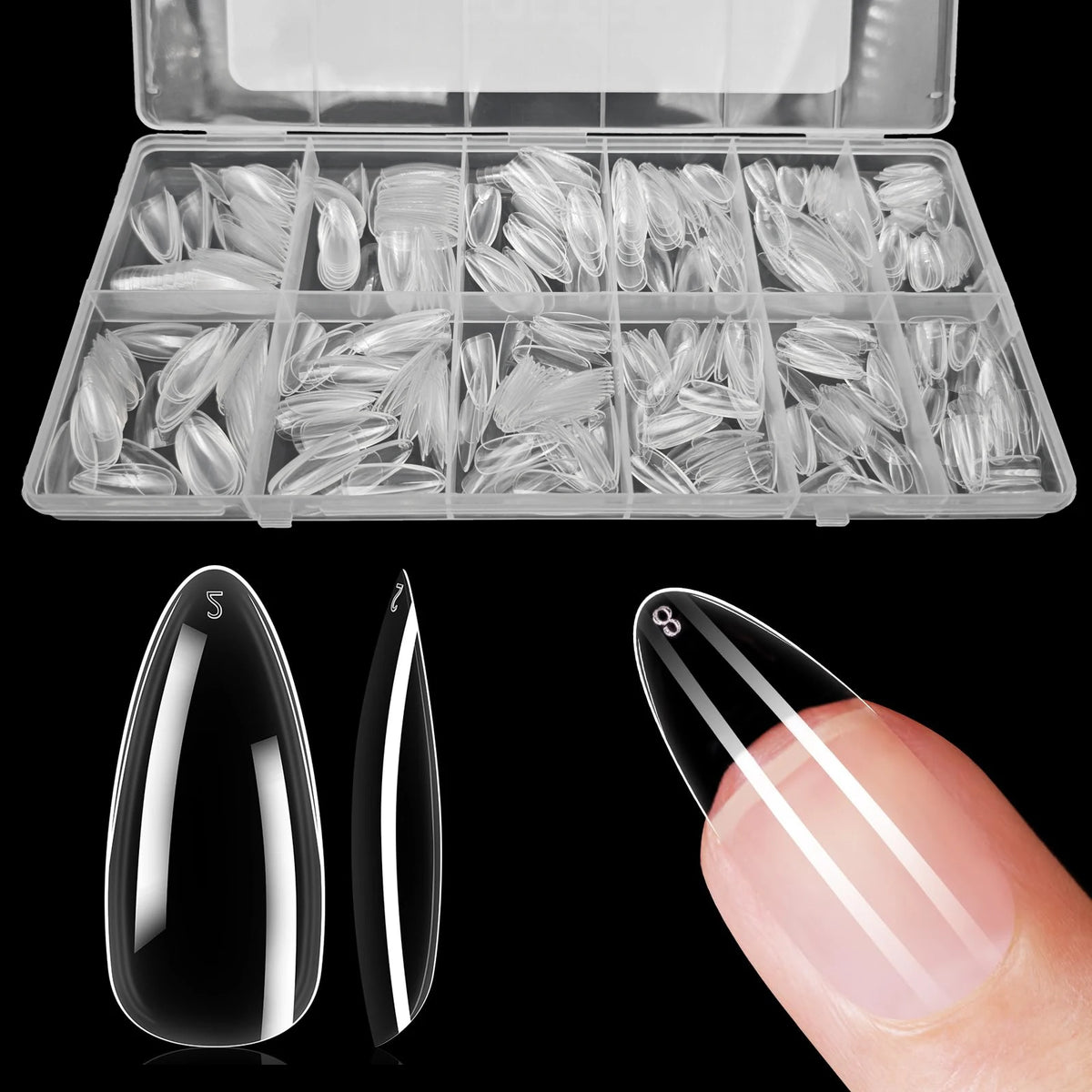 Une boîte en plastique transparent contenant un ensemble de pointes à ongles et une main montrant la taille des pointes.