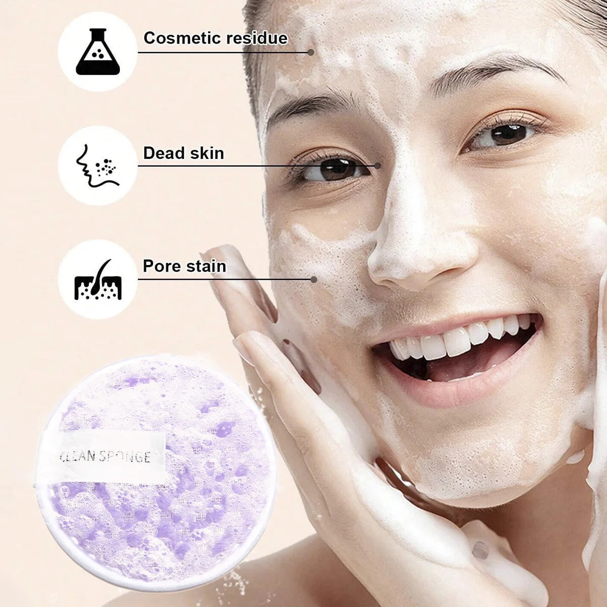 A close-up of a woman's face being cleansed with a beauty sponge, showing skin texture concerns like cosmetic residue and dea