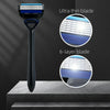 A black ultra thin 6-layer blade safety razor is shown against a dark background with close-ups of the blade structure.