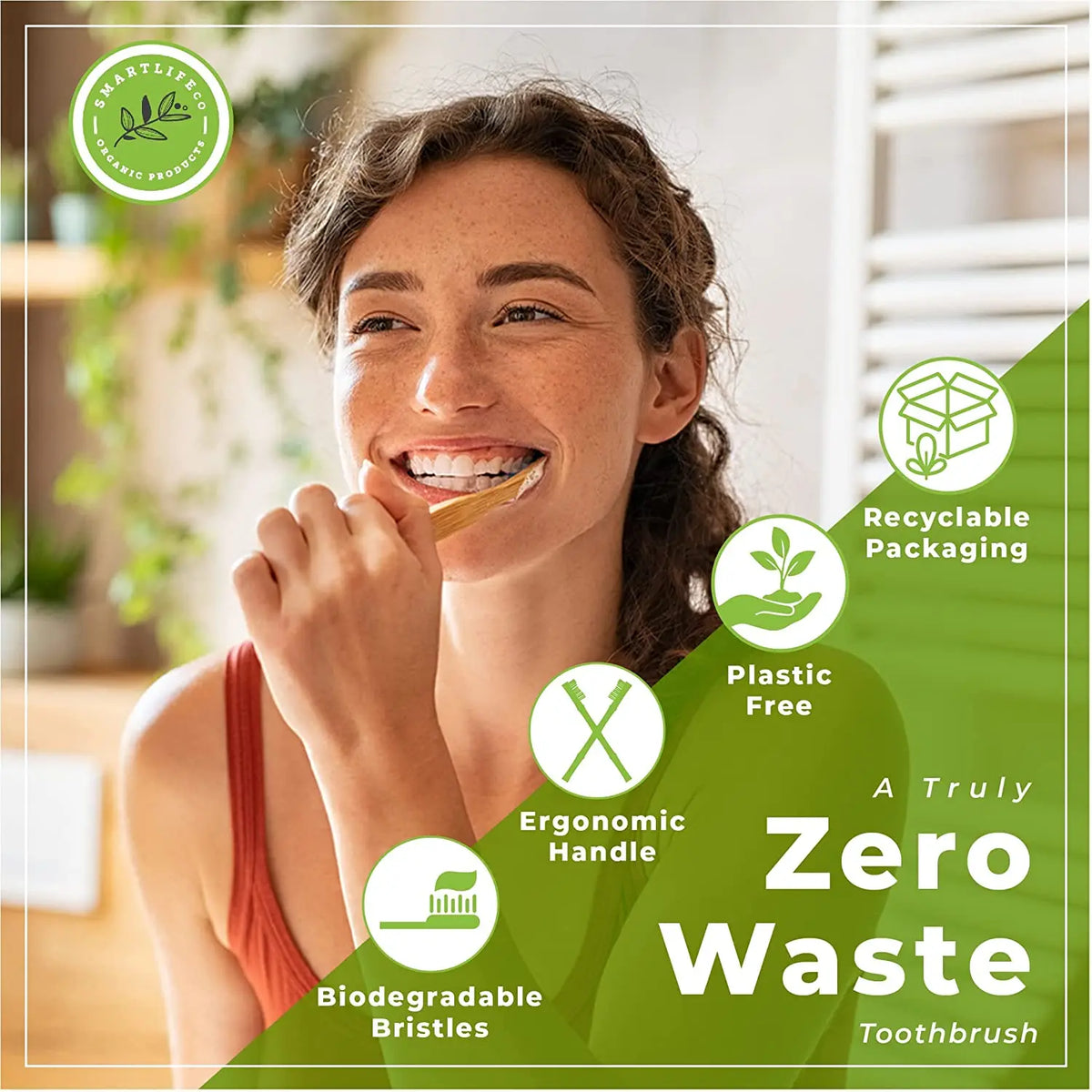 A woman smiling while holding an eco-friendly bamboo toothbrush, highlighting its sustainable features.