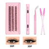 A pink DIY lash cluster extension kit includes a lash comb, a lash glue, and an eyelash curler.