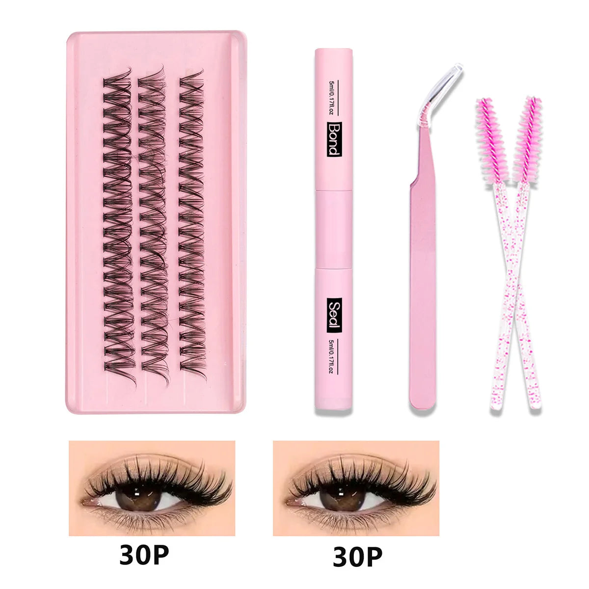 A pink DIY cluster lashes kit featuring a lash comb, glue, and lash extensions for creating wispy faux mink lashes.